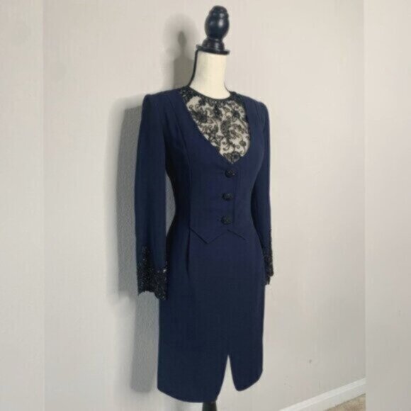 Badgley Mischka Vintage Navy Blue Lace Trim Button Accent Midi Dress - Picture 2 of 16